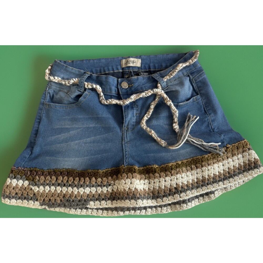 Upcycled Crochet Trim Denim Mini Skirt | Boho Festival | Handmade Hippie Cowgirl